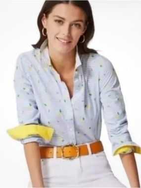 J. McLaughlin Women’s Lois Striped Lemon Embroidered Button Down Shirt Size M